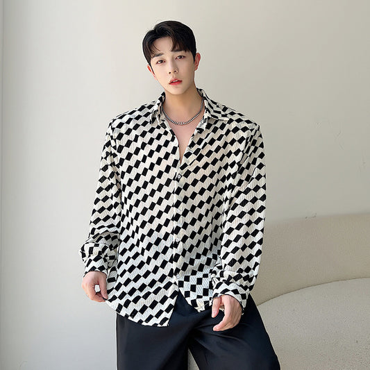 Black And White Collision Checkerboard Long-sleeved Shirt Men