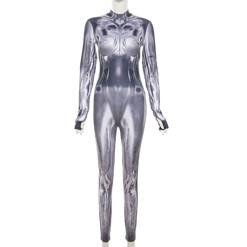 Women's Fashion Casual Long Sleeve Digital Printing Slim Fit High Top Sports Jumpsuit