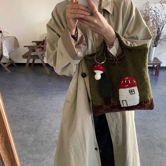 Mushroom House Handmade Wool Weave Vintage Cute Handbag Ladies