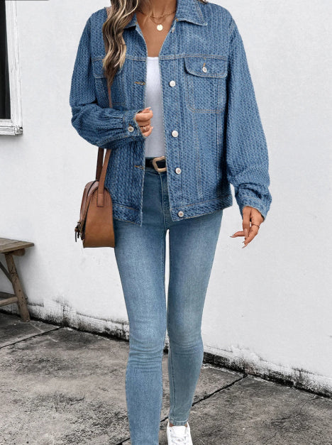 Blue Double Flap Pocket Denim Textured Button Down Jacket