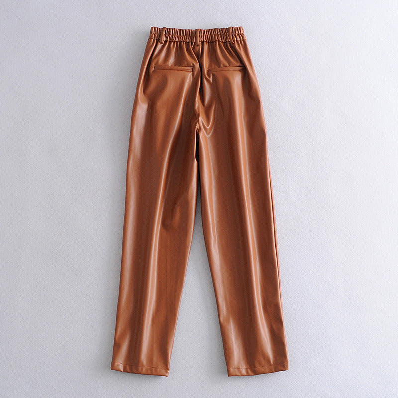 Spring New Imitation Leather Elastic Waist PU Trousers