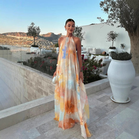Printed, Loose-Fitting Halterneck Backless Resort Dress