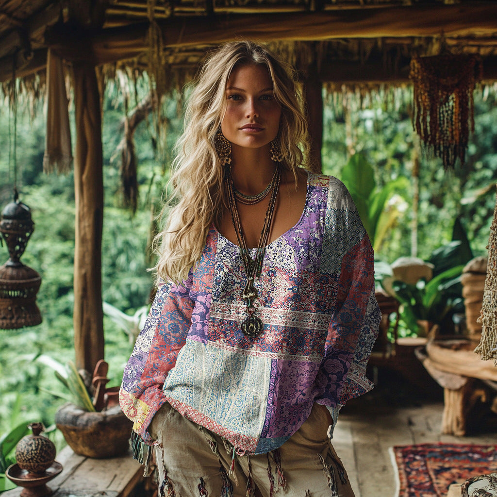 Digital Print Women's Round Neck Retro Bohemian Top