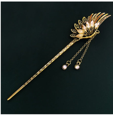 Feather Rhinestone Long Tassel Super Fairy Retro Hanfu Ancient Costume Coil Hair Headdress Bride Hairpin