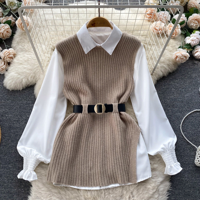 Slit Knitted Vest Shirt Western Style Youthful-looking Two-piece Set