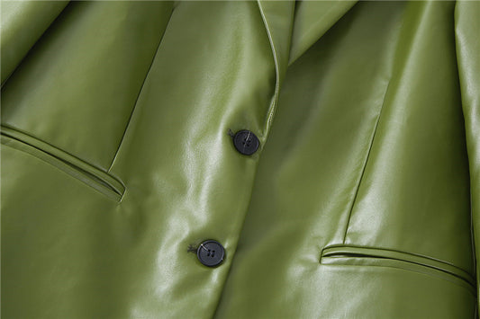 Single Breasted Casual Imitation Leather Suit Jacket Trousers Suit Women