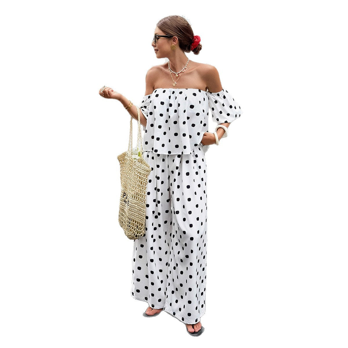 Elegant Casual Commute Fashion Polka-Dot Off-Shoulder Set