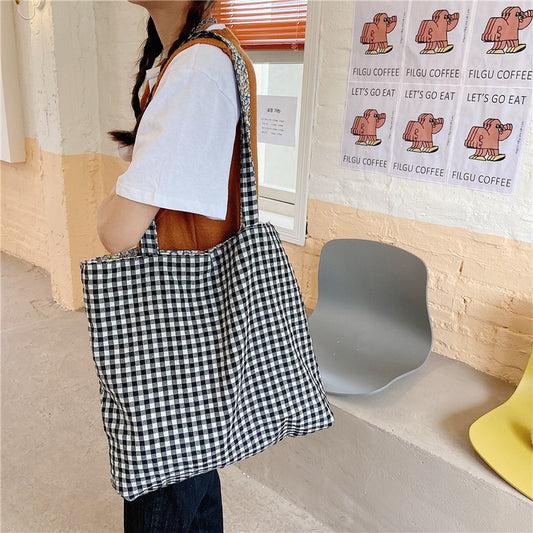 Women's Plaid Floral Stitching Canvas Bag