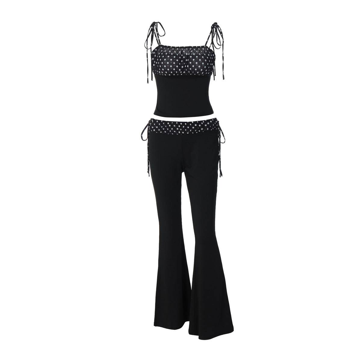 Fashion Polka-dot Self-tie Vest Slim-fit Low Waist Bootcut Pants Suit