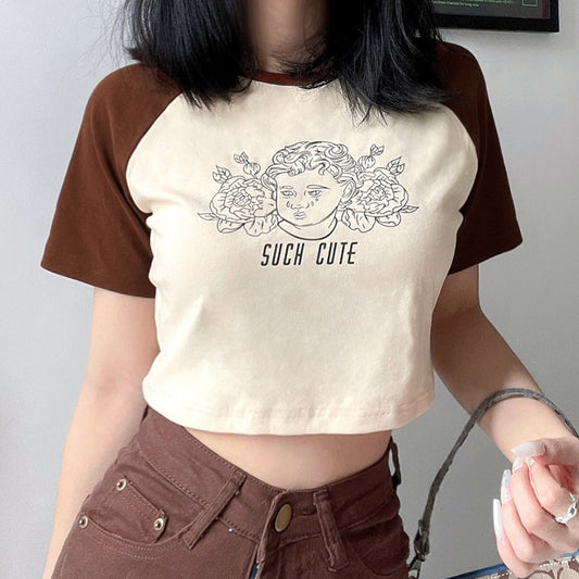 European And American Fashion Retro Round Neck Brown T-shirt