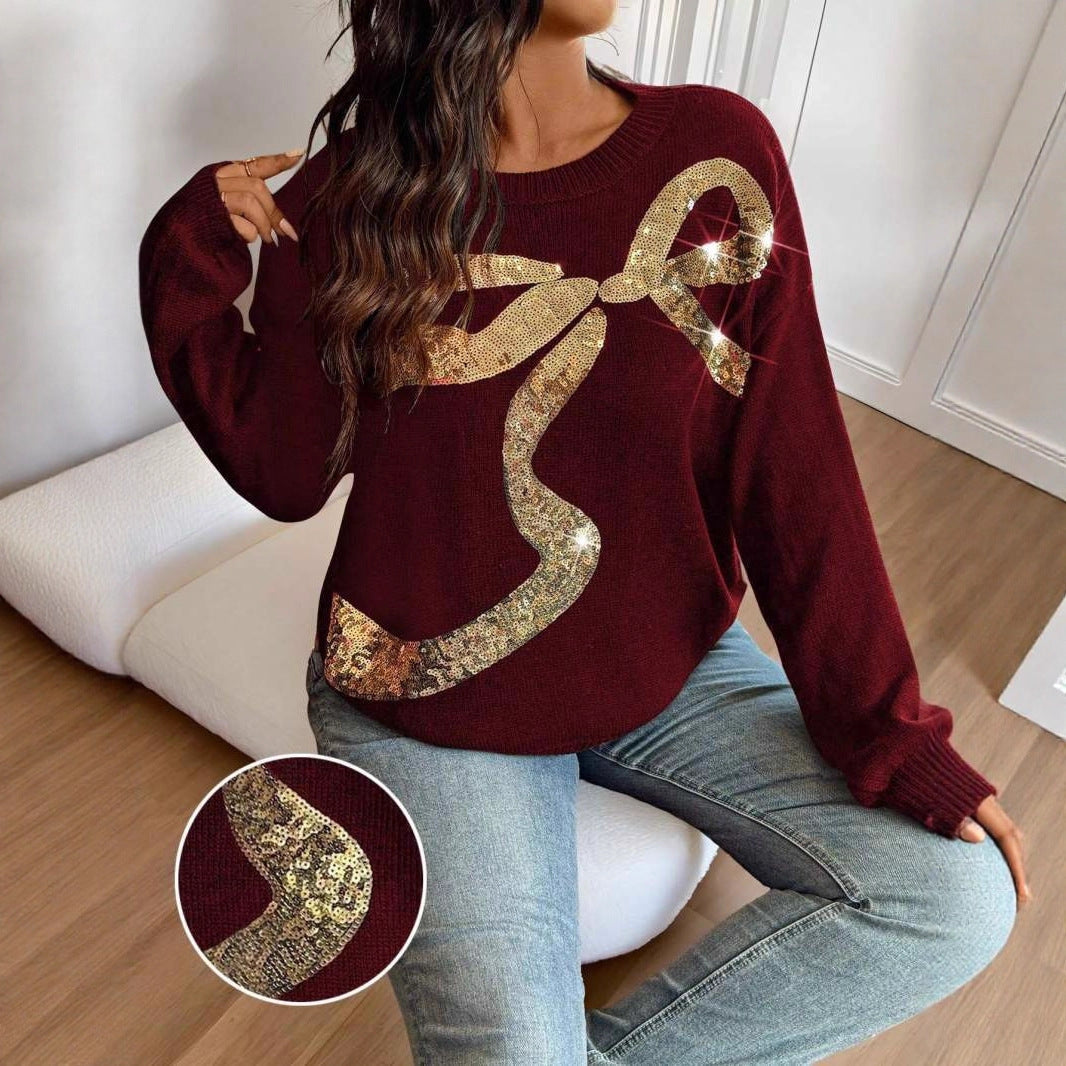 Round Neck Bowknot Sequin Embroidery Elegant Sequined Plus Size Sweater