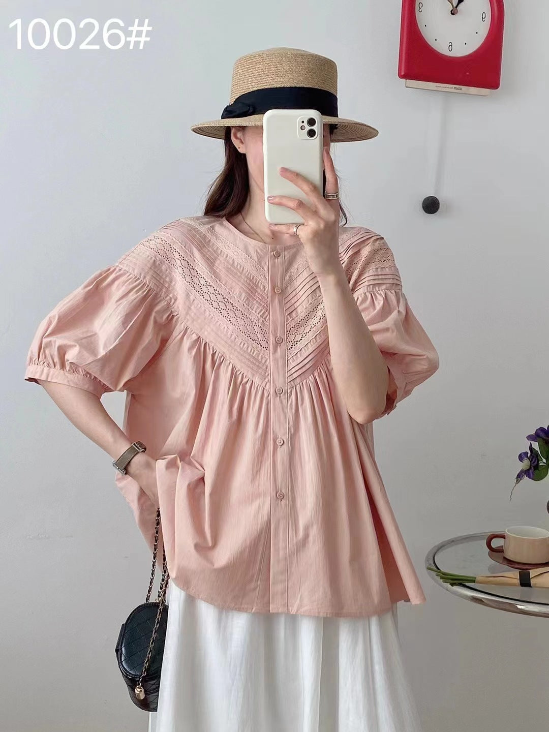 Solid Color Lace Round Neck Younger Short Sleeve Shirt Top
