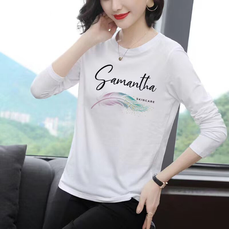 Middle-aged And Elderly Long-sleeved T-shirt Women's Thin Round Neck Bottoming Shirt Printed Casual Loose Top