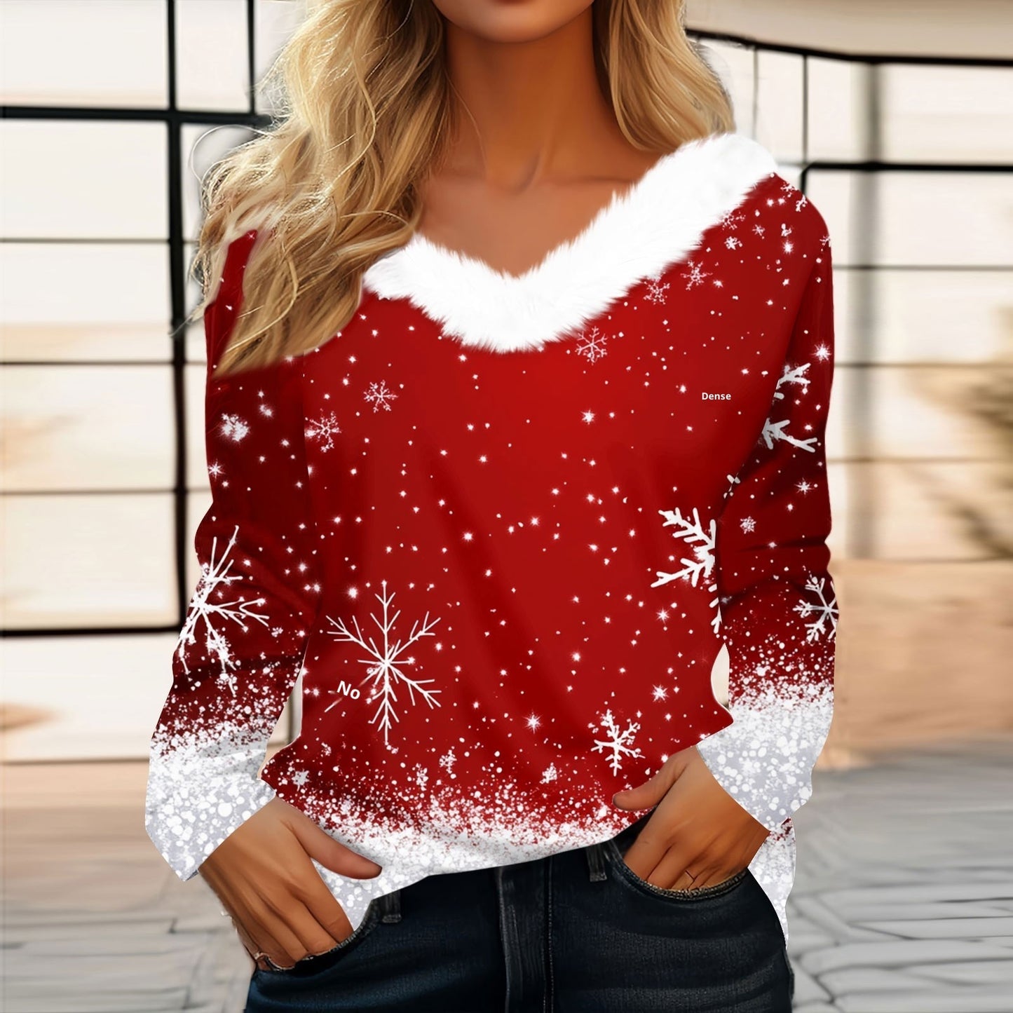 Women's Long Sleeve Christmas Print Party Furry Collar V-Neck Top