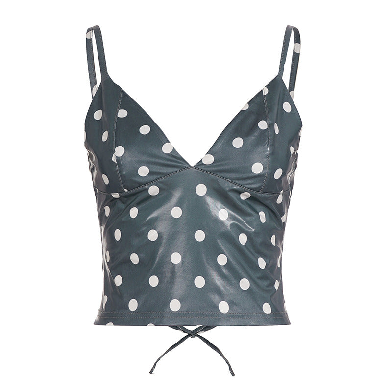 Polka Dot V-neck Leather Camisole For Women, Slim-fit And Versatile