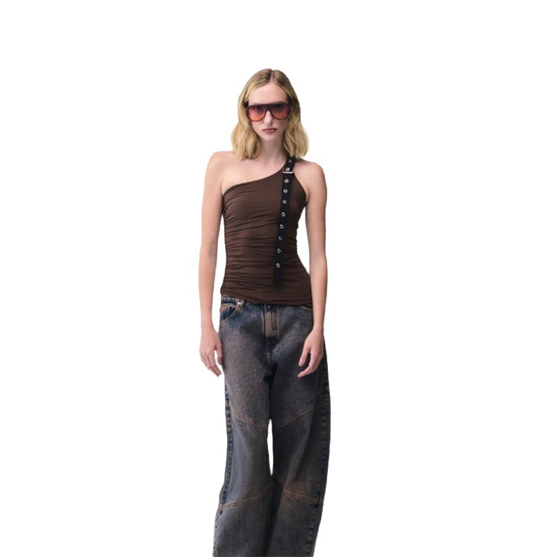 Women's Silver Square-buckle Designed Slim-fit Top