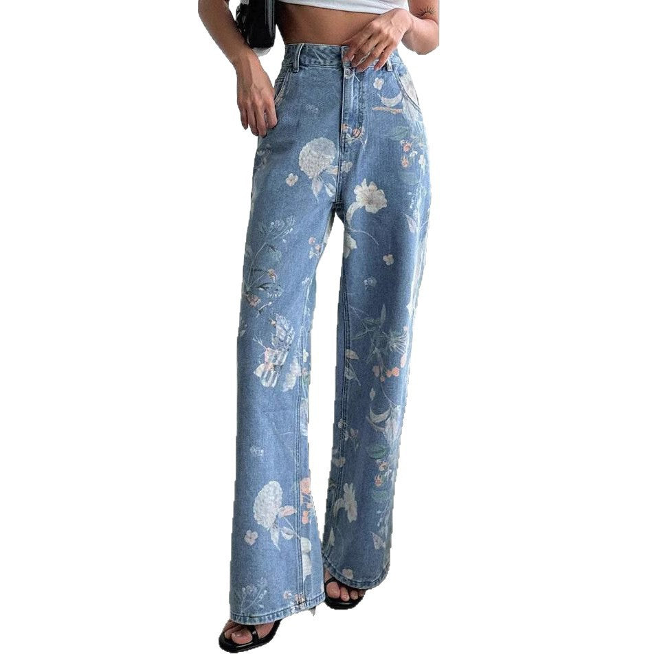 Women's American-style Vintage Blue Floral Print Jeans
