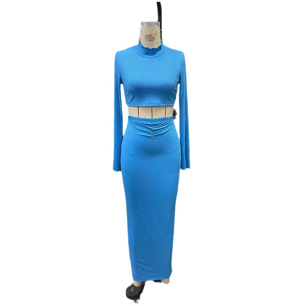 Women's Two-piece Set With Wrinkled Top And Long Skirt