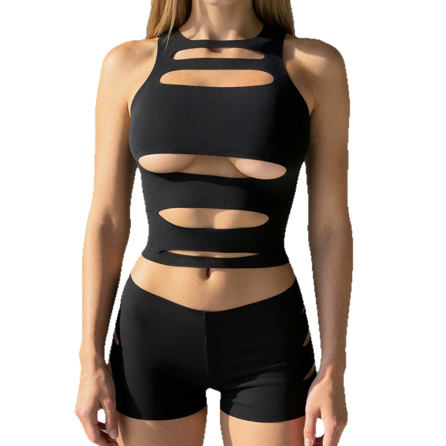 Womens Fashionable Sexy Hollow-Out Tank Top And Shorts Set