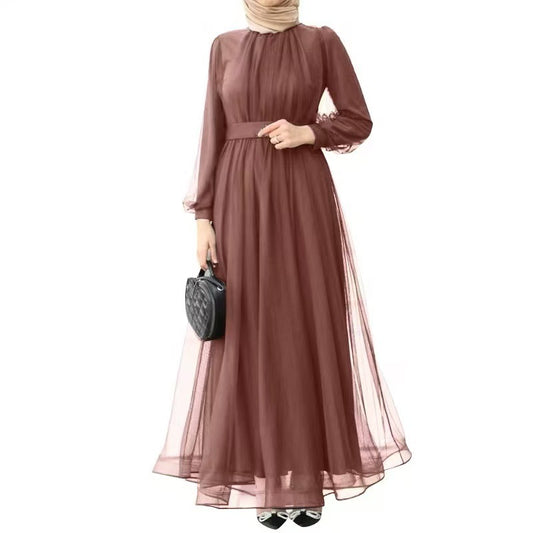 Elegant Double-layered Pleated Mesh Dress With Long Sleevesstylish And Casual