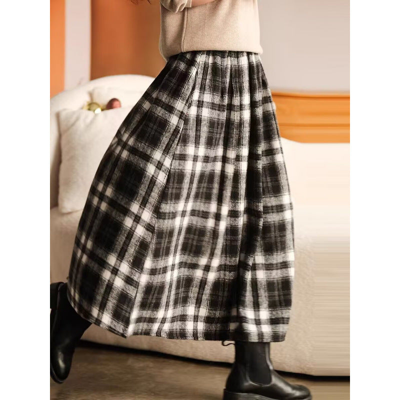 Thickened Woolen Elastic Waist Plaid Skirt Retro Artistic A Line Skirt For Women