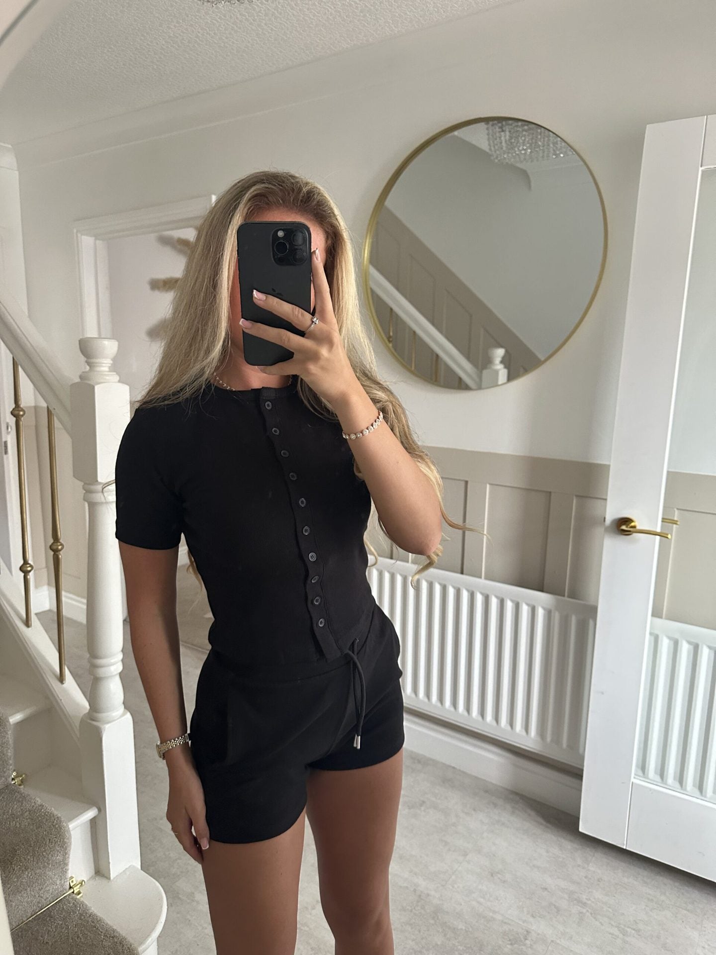 Button-front Cardigan Short-sleeve Top And Tie-waist Shorts Two-piece Set