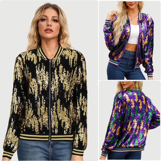 Stand-collar Casual Colorful Jacket With Sequins