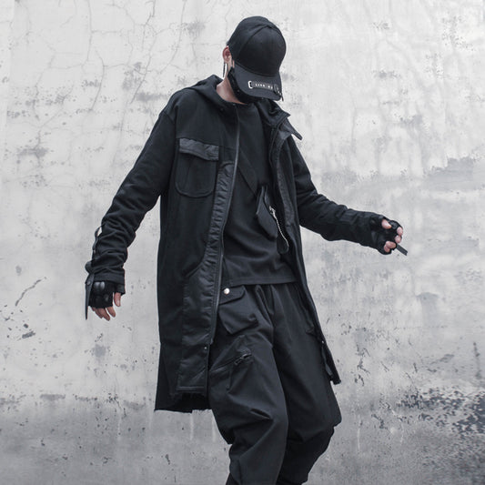 Original Dark Retro Patchwork RO Hooded Trench Coat