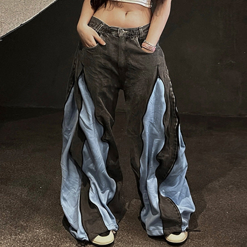 Personality Contrast Color Stitching Low Waist Casual Pants Zipper Design