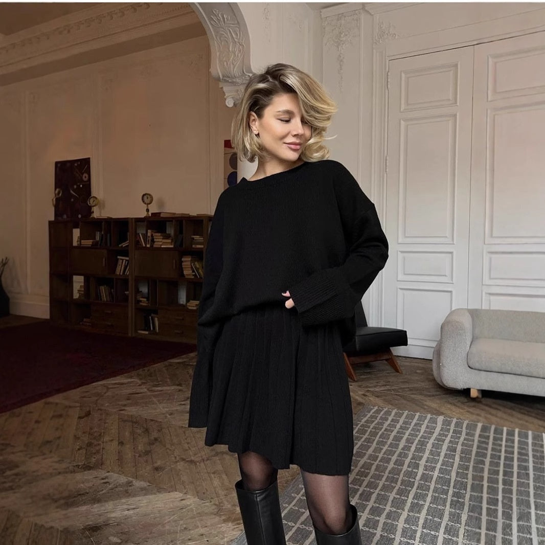 Solid Color Round Neck Sweater Pleated Skirt Suit Fashion Skirt