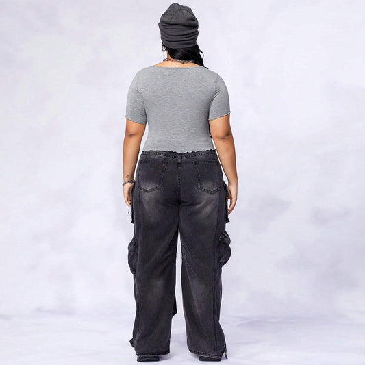 Square Neck Slim-fit Irregular Knit Short-sleeve T-shirt
