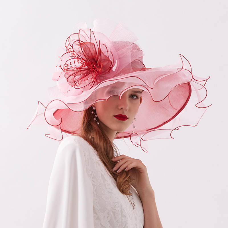 Detachable Head Floral Organza Rolled Edge Embroidered Brimmed Hat Vintage