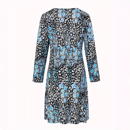 Womens Fashion V-Neck Printed Long-Sleeve Petite Floral Dress