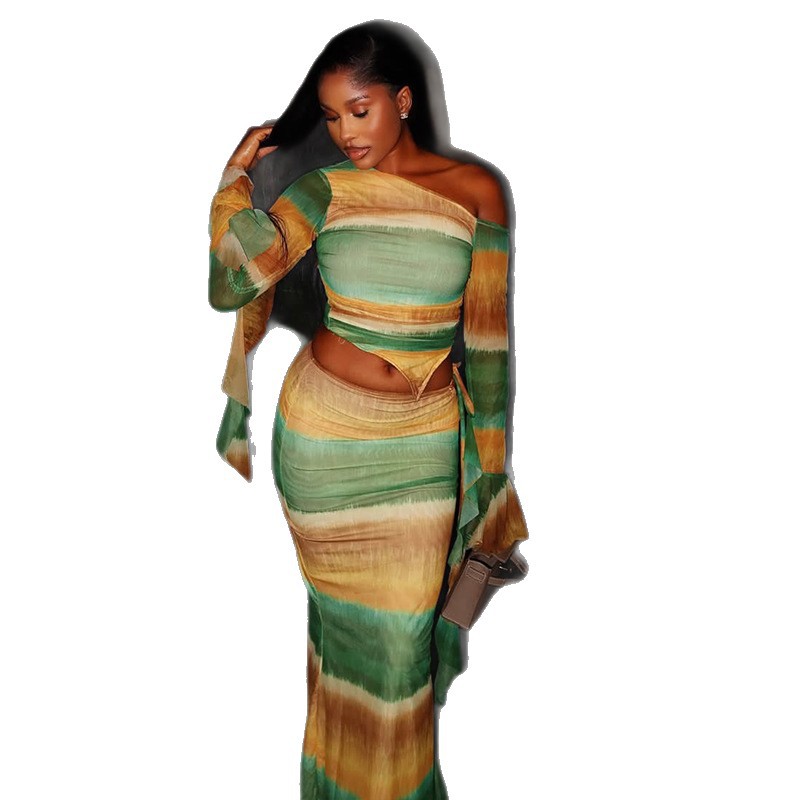 Elastic Oblique Collar Asymmetrical Two-piece Women's Clothing