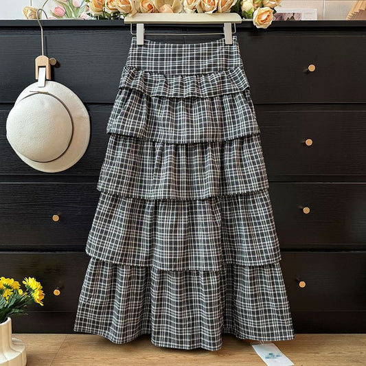Sweet Retro Temperament Color-contrast Check Skirt For Women