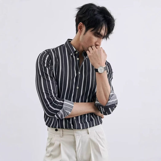 Men's Loose-Fit Casual Striped Long-Sleeve Shirt