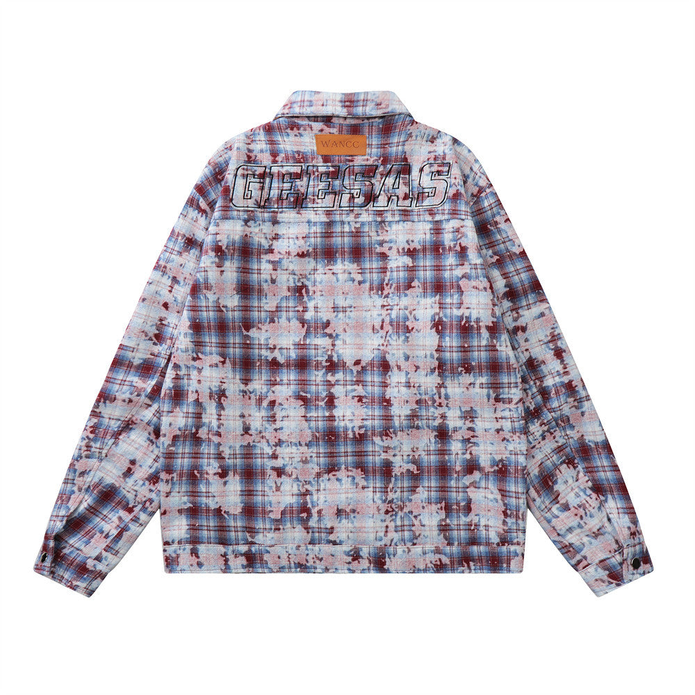 Tie-dyed Distressed Plaid Shirt Jacket Men