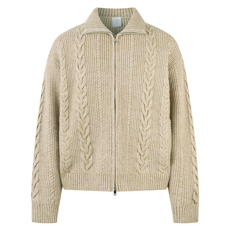 Mens Chunky-Knit Cable-Pattern Cardigan With Zipper