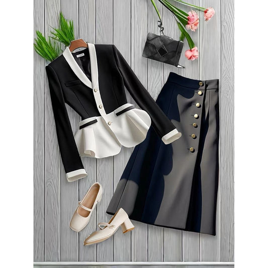 Classic Style Western Style Contrast Color Tight Waist V-neck Long Sleeve