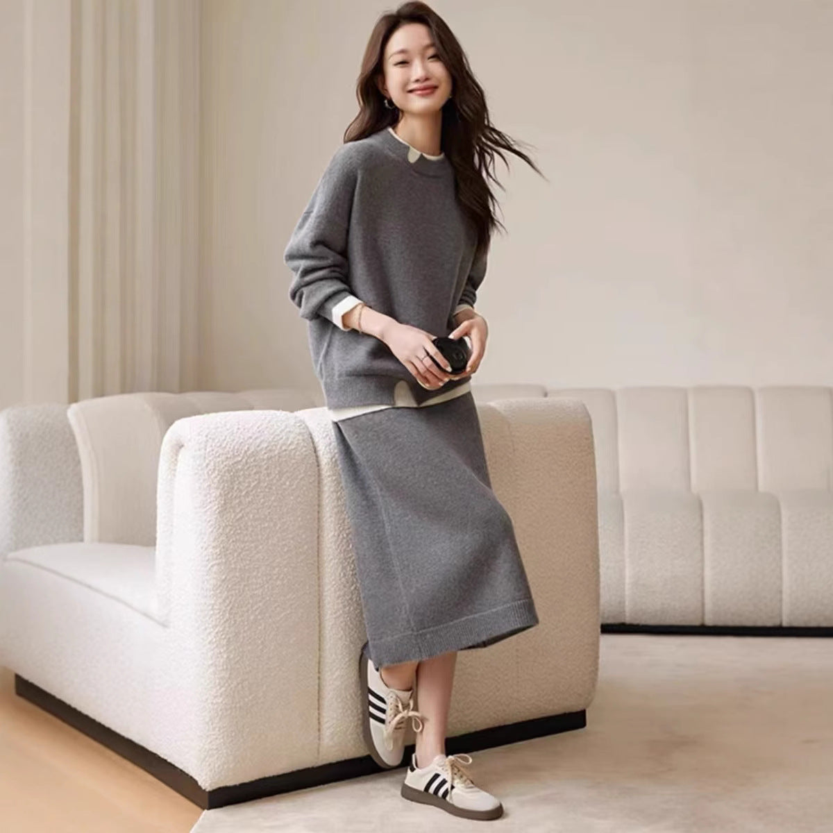 High-grade Temperament Crew Neck Wool Knit Cardigan Suit Skirt Women's Loose Two-piece Suit Sweater Cardigan Skirt