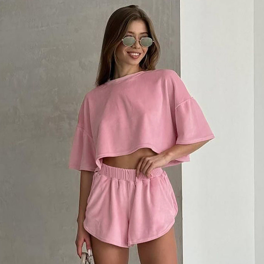 Summer Solid-color Cropped Top And Shorts Loungewear