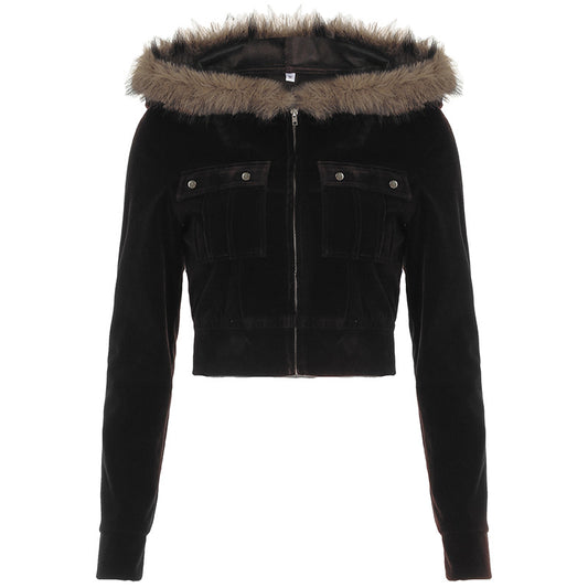Women's Fur Stitching Hooded Letters Embroidered Short Jacket