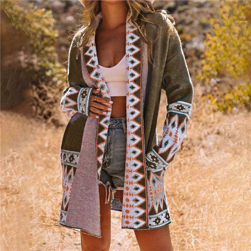 Ethnic Style Printed Long Sleeve Knitted Sweater Cardigan Coat