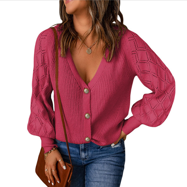 Women's Solid Color Rhombus Puff Sleeve Knitted Sweater Coat