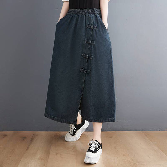 Kunstnerisk retro-spænde-denimnederdel