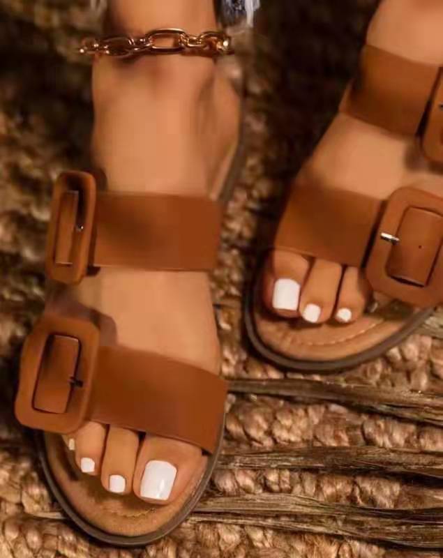 Women's Shoes Large Size Big Buckle Solid Color Soft-soled Comfortable Slip-on