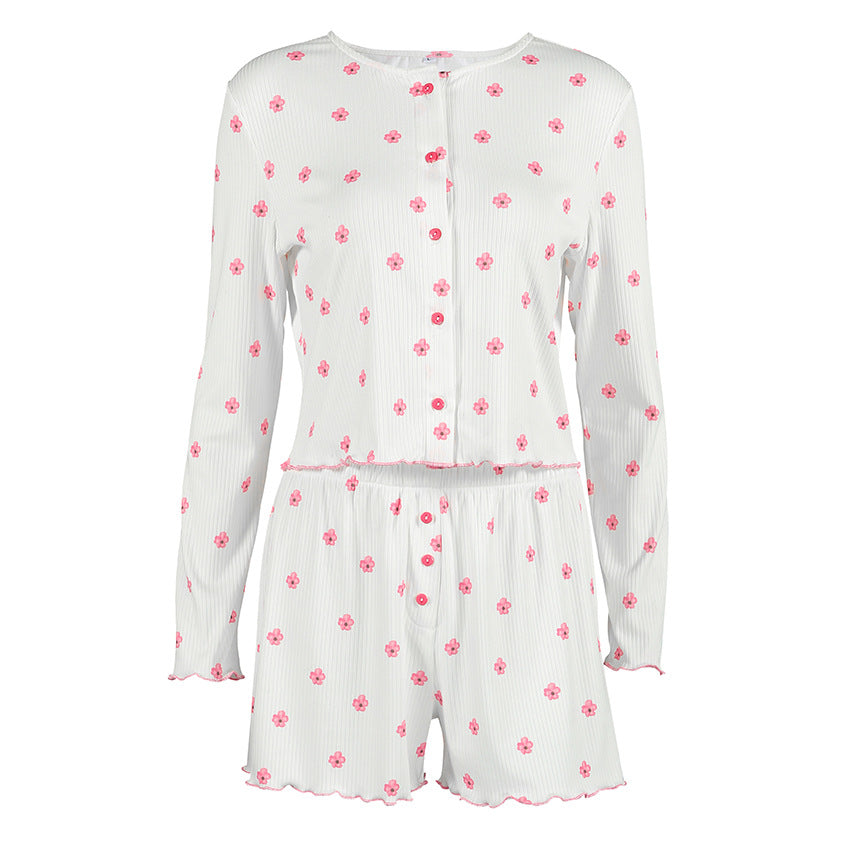 Knitted Printed Long-Sleeve Shorts Pajamas Womens Loungewear