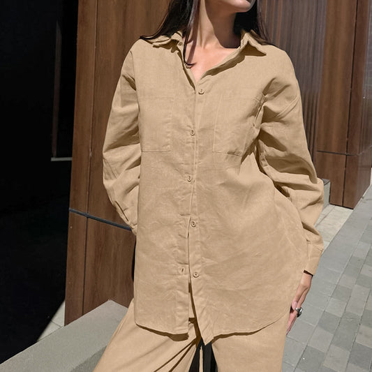 Cross-border Casual Khaki Cotton-linen Set Autumn Foreign Trade Shirt Wide-leg Pants Two-piece Street Style Women's Clothing