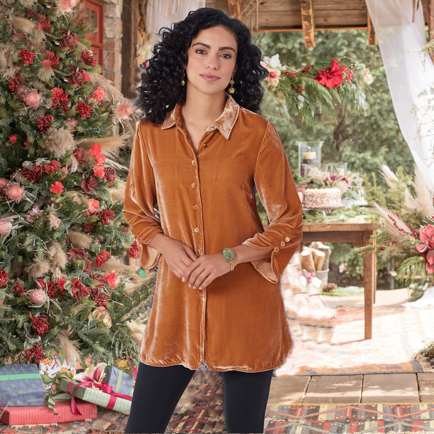 Gold Velvet Bell Sleeve Shirt With Lapel Slit Button Front Casual And Loose