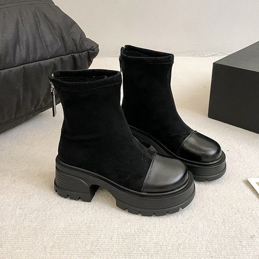 Retro Chunky Heel Versatile High-rise Suede Smoke Tube Boots